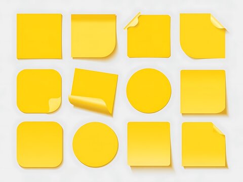 Collection of yellow sticky notes with various shapes including squares circles and rectangles isolated on transparent background for organizing reminders and notes