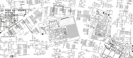Fototapeta premium Schematic background. Drawings of electronic device on white paper sheets. Electrical schematic diagram of digital electronic device.
