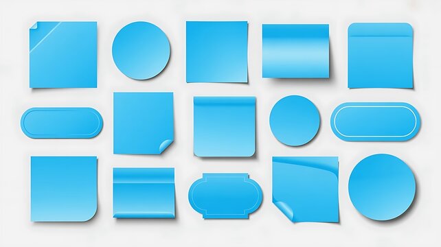 Collection of various blue adhesive labels tags and stickers with different shapes and sizes for organizing labeling and decoration on products or packages isolated on transparent background