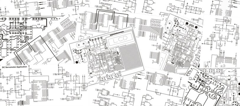 Schematic background. Drawings of electronic device on white paper sheets. Electrical schematic diagram of digital electronic device.