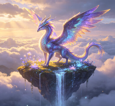 Magical Fantasy Forest Landscape with Glowing Fairy Dragon and Floating Islands under a Twilight Sky