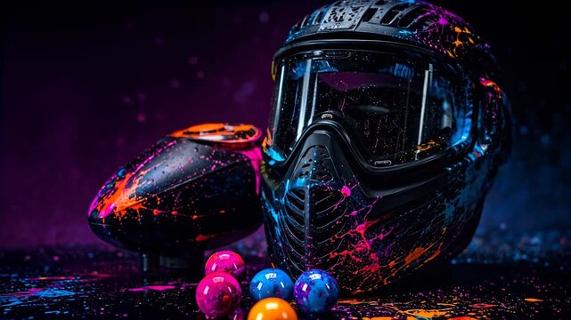 Paintball mask and colorful balls surrounded by vivid blue and pink neon paint splashes, extreme sport equipment concept