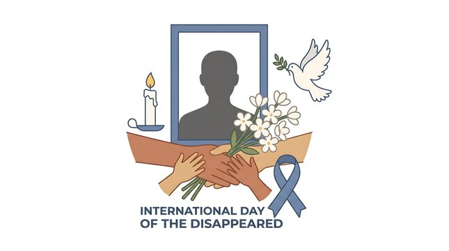 International Day of the Disappeared memorial layout with photo frame, dove, and candle