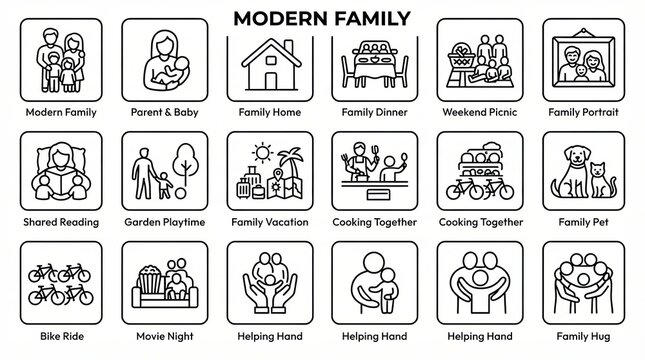 Set of modern family lifestyle hand drawn doodle icons on white background