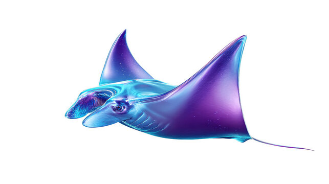 Iridescent manta ray 3D render with translucent wings and glowing blue purple gradient
