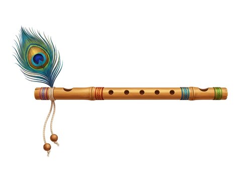 Traditional indian bamboo flute decorated with a peacock feather on a white background