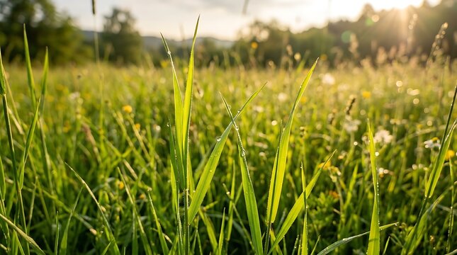 Fresh green grass blades with sparkling dew drops on a summer meadow at sunrise for nature background and web banner.