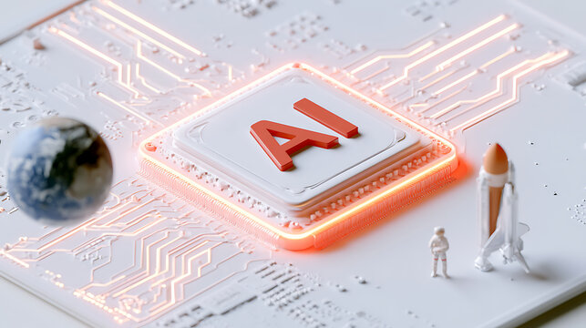 Artificial Intelligence Microchip with Glowing Circuits, Globe, Astronaut, and Rocket, Symbolizing Global AI Advancement and Exploration