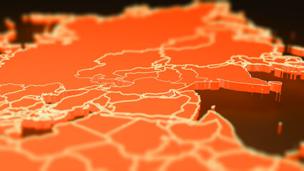Iran and Persian Gulf Region Map 3D Close Up Illustration in Orange with Shallow Depth of Field. Artistic representation, not intended for precise geographic reference. © cynefin