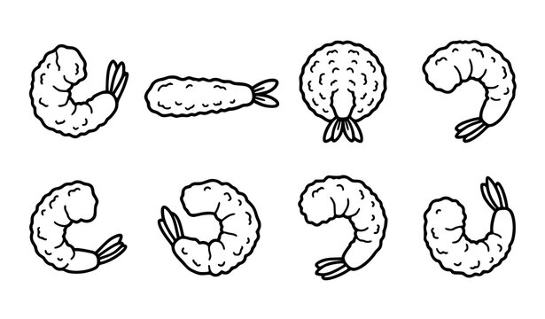 Fried shrimp food icon collection black outline coloring vector