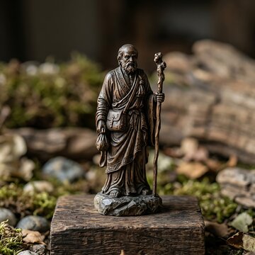 Ancient stone statue of warrior with spear outdoors.