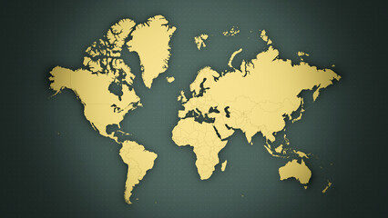 World Map Flat Illustration in Gold with Dotted Grid on Dark Green Background Vintage Style. Artistic representation, not intended for precise geographic reference. © cynefin