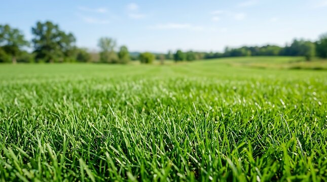 Green Grass Close Up on Sunny Field Landscape Background for Gardening and Eco Friendly Nature Presentation Website