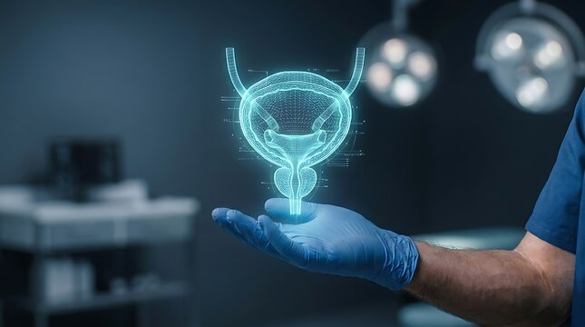 Doctor Holding Digital Bladder and Prostate Hologram in Hospital
