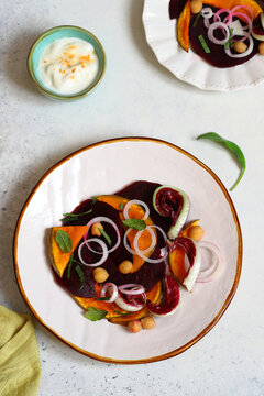 Winter beetroot salad with pumpkin - chickpeas and yogurt