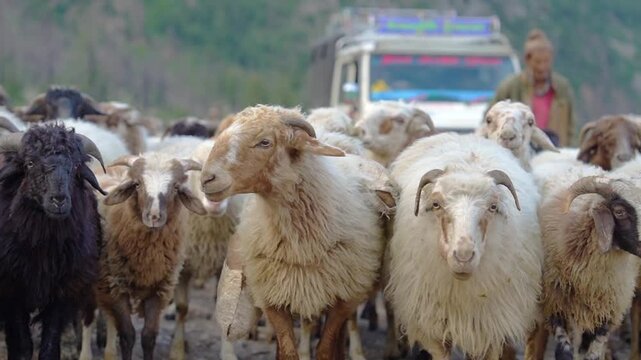 Large Flock Of Sheep Walking