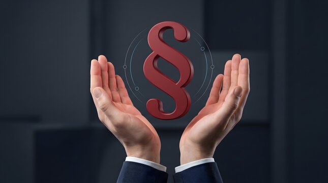 Legal compliance regulatory protection concept featuring floating red section symbol framed by professional hands