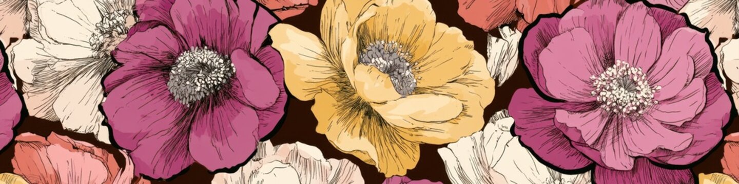 Seamless banner background of vintage hand drawn anemone flowers, floral pattern, blooming pink, yellow, cream flowers, botanical illustration, floral border header, banner textile print design