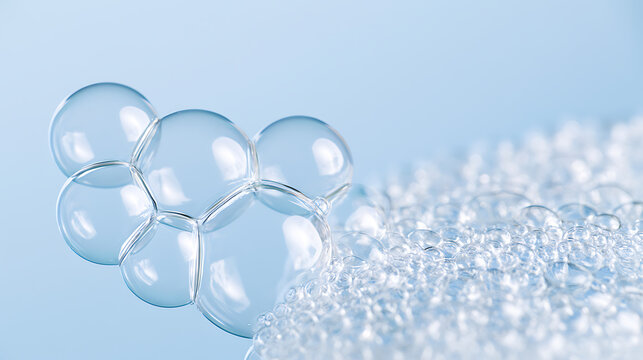 Close-up view of clear, delicate soap bubbles and foam with light blue background, showcasing cleanliness, purity, and refreshing sensation