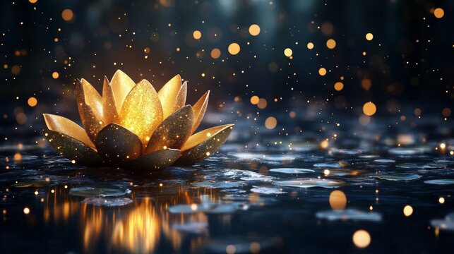 Golden lotus flower floating on dark water. Luminous water lily with magical sparkles and bokeh lights. Concept of zen, meditation, inner peace, spiritual calm and religious enlightenment.