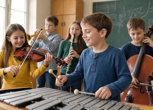 Smiling boy with a hearing aid playing xylophone in a school band. Inclusive music education class with children playing instruments