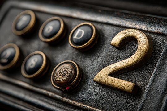 Close-up view of vintage elevator control panel featuring brass number two button and black numbered buttons with ornate design elements on a textured surface