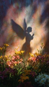 Shadow of a woman with angel wing on a textured wall behind a colorful field of blooming lilies. Concept of spirituality, divine magic, fantasy and ethereal beauty in nature garden.