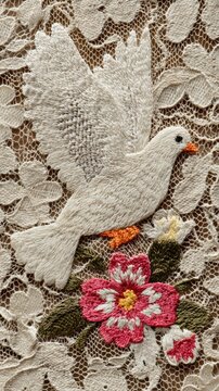 Embroidered white dove flying over colorful flower on vintage lace fabric. Detailed needlework bird and floral motif. Religious peace symbol and handmade textile craft decoration.