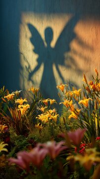 Shadow of an angel with wings projected on a wall behind blooming yellow flowers. Conceptual religious art symbolizing faith, spirituality, divine protection and peace in garden.