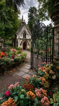 Ancient stone chapel behind ornate wrought iron gate in garden. Beautiful cemetery entrance with blooming flower bed. Architecture, history, nature and grief concept for travel background.
