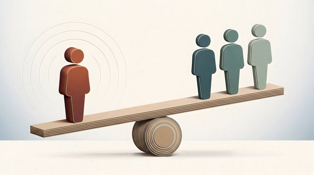 Leadership influence power dynamics concept showing single figure outweighing group on wooden balance scale