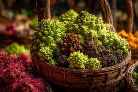 Freshly harvested Romanesco broccoli in a woven basket, surrounded by colorful vegetables in a vibrant market setting, showcasing organic produce and natural textures