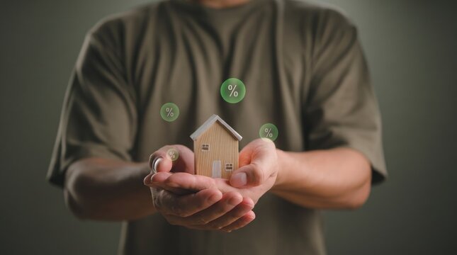 Hands holding miniature wooden house model with floating percentage signs, real estate investment, mortgage rates, housing market, property finance, home loan and insurance concept