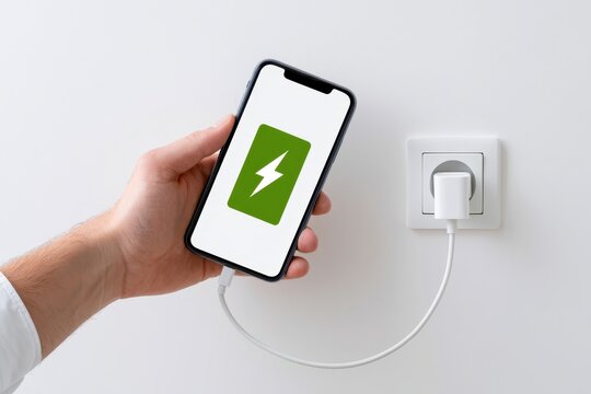 Close-up Person hand showing a modern smartphone plugged into a white wall outlet socket. Bright screen displays a green battery icon logo with a lightning bolt symbol indicating fast charging process