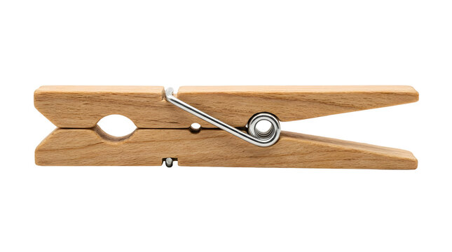 Wooden clothespin holding fabric on laundry line for household laundry and drying tasks