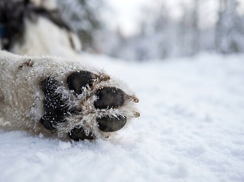 Close Up of Fluffy Dog Paw on Cold Winter Snow