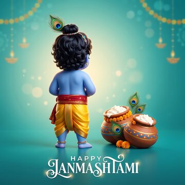 Little lord krishna standing with butter pots for happy janmashtami festival celebration greeting