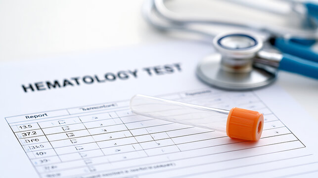 Medical Document and Equipment: Hematology Test Results, Empty Blood Sample Tube, and Stethoscope for Healthcare Analysis