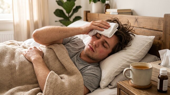Sick man resting in bed with a white towel on his forehead suffering from fever