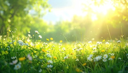 Obraz premium Bright sunbeams shining through a field of spring wildflowers.