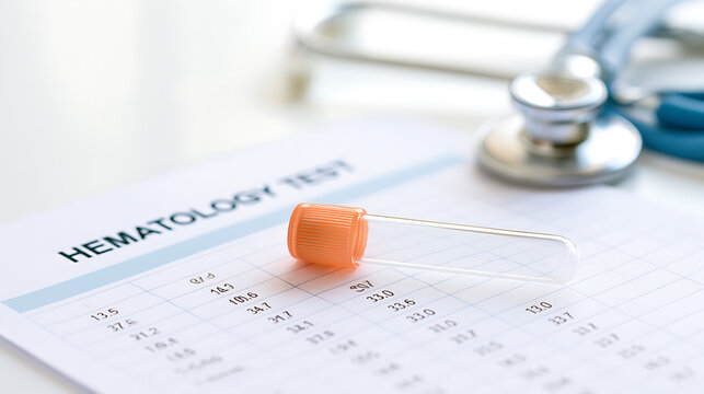 Medical Examination Report and Stethoscope on White Table, a Test Tube Lays Beside a Document with Numeric Values for Health Analysis