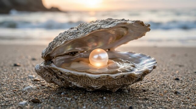 Close-up of an open oyster shell resting on a sandy beach at sunset, containing a glowing iridescent pearl with the text Embrace the Glow engraved on the lower shell's edge.