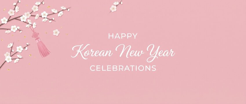 Korean New Year Banner Background with Cherry Blossom Branch and Traditional Tassel Ornament for Seollal Celebration, Minimalist Pink Spring Holiday Banner Design Template with Ample Copy Space