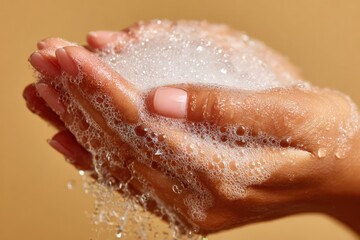 Fototapeta premium Close-up of female hands holding soap bubbles with a soft focus background, showcasing cleanliness and hygiene in a warm, neutral-toned setting