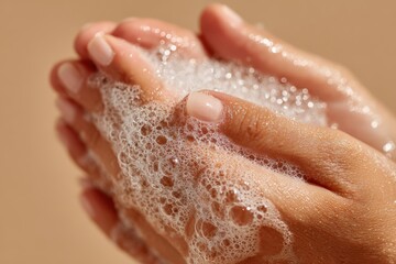 Fototapeta premium Close-up of hands with soap bubbles, showcasing clean skin and soft texture against a neutral background, emphasizing hygiene and cleanliness in personal care