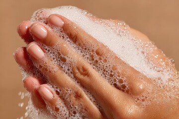 Fototapeta premium Close-up of hands with soap bubbles, showcasing a gentle washing motion against a soft, neutral background emphasizing cleanliness and hygiene practices