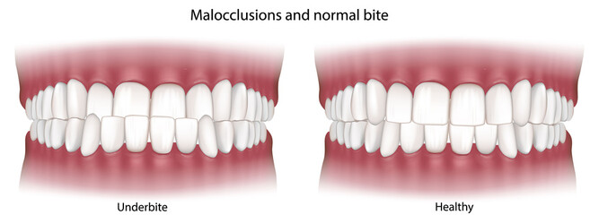 Underbite and Healthy Bite Comparison, Dental Malocclusion Medical Illustration. Underbite Malocclusion Compared with Normal Dental Occlusion. Orthodontic Anatomy © sakurra