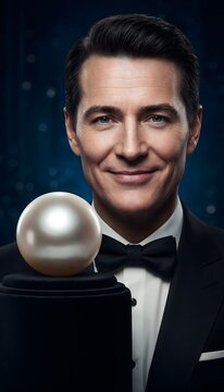 Cinematic photorealistic portrait of a smiling person beside a giant glowing oyster pearl on a black velvet pedestal. Dramatic studio lighting highlights the luxurious and elegant atmosphere.