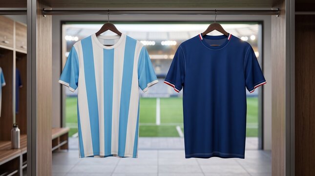 Two professional soccer jerseys hanging inside wooden lockers against blurred view of green grass stadium field during bright sunny day