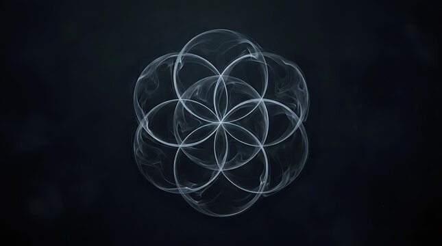 Geometric flower of life sacred symbol with overlapping circles forming intricate mandala pattern on dark background for spiritual and meditation designs.